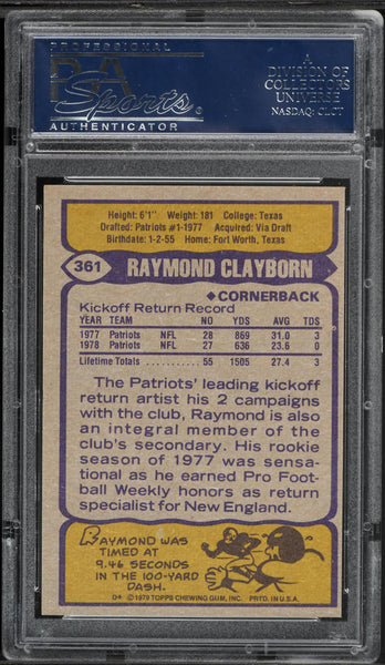 1979 Topps FB Card #361 Raymond Clayborn New England Patriots HOF PSA 9 MINT (MGD2)