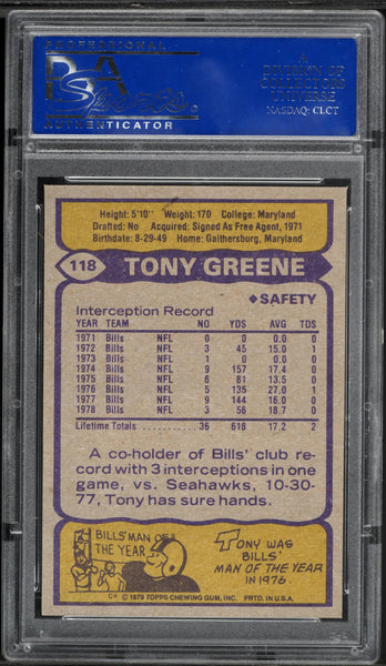 1979 Topps FB Card #118 Tony Greene Buffalo Bills PSA 9 MINT (MGD2)