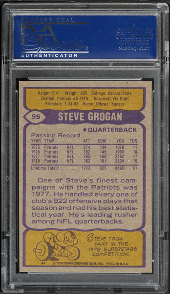 1979 Topps FB Card # 95 Steve Grogan New England Patriots HOF PSA 9 MINT (MGD2)