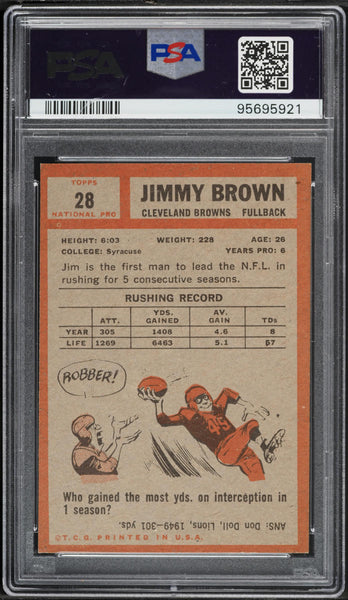 1962 Topps FB Card # 28 Jim Brown Cleveland Browns HOF PSA 5 EX (MGD2)