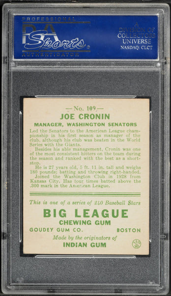 1933 Goudey BB Card #109 Joe Cronin Washington Senators HOF ROOKIE RC PSA 6 EXMT (MGD2)