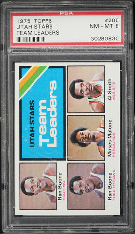 1975 Topps BkB Card #286 Utah Stars Ron Boone Moses Malone TEAM LEADERS PSA 8 (MGD2)