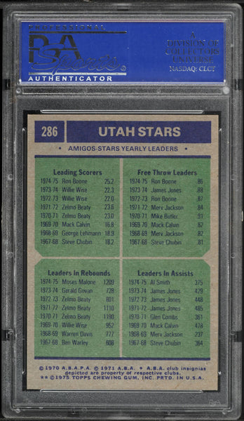 1975 Topps BkB Card #286 Utah Stars Ron Boone Moses Malone TEAM LEADERS PSA 8 (MGD2)