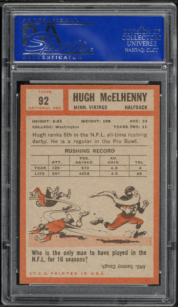 1962 Topps FB Card # 92 Hugh McElhenny Minnesota Vikings HOF SP PSA 7 NRMT (MGD2)