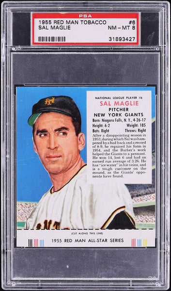 1955 Red Man Tobacco BB Card # 6 Sal Maglie New York Giants PSA 8 NM-MT (MGD2)