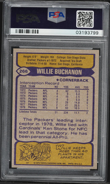 1979 Topps FB Card #266 Willie Buchanon Green Bay Packers HOF ALL-PRO PSA 9 MINT (MGD2)