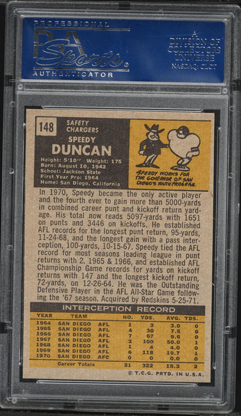 1971 Topps FB Card #148 Speedy Duncan San Diego Chargers HOF PSA 8 NM-MT (MGD2)