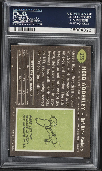 1969 Topps FB Card #255 Herb Adderley Green Bay Packers HOF PSA 8 NM-MT (MGD2)