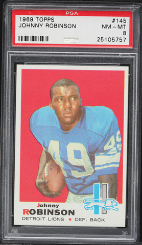 1969 Topps FB Card #145 Johnnie Robinson Detroit Lions ROOKIE RC HOF PSA 8 NM-MT (MGD2)