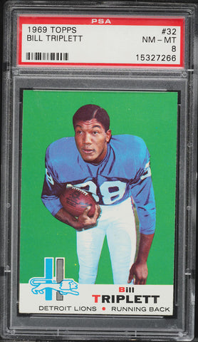 1969 Topps FB Card # 32 Bill Triplett Detroit Lions PSA 8 NM-MT (MGD2)