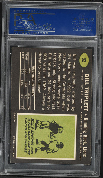 1969 Topps FB Card # 32 Bill Triplett Detroit Lions PSA 8 NM-MT (MGD2)