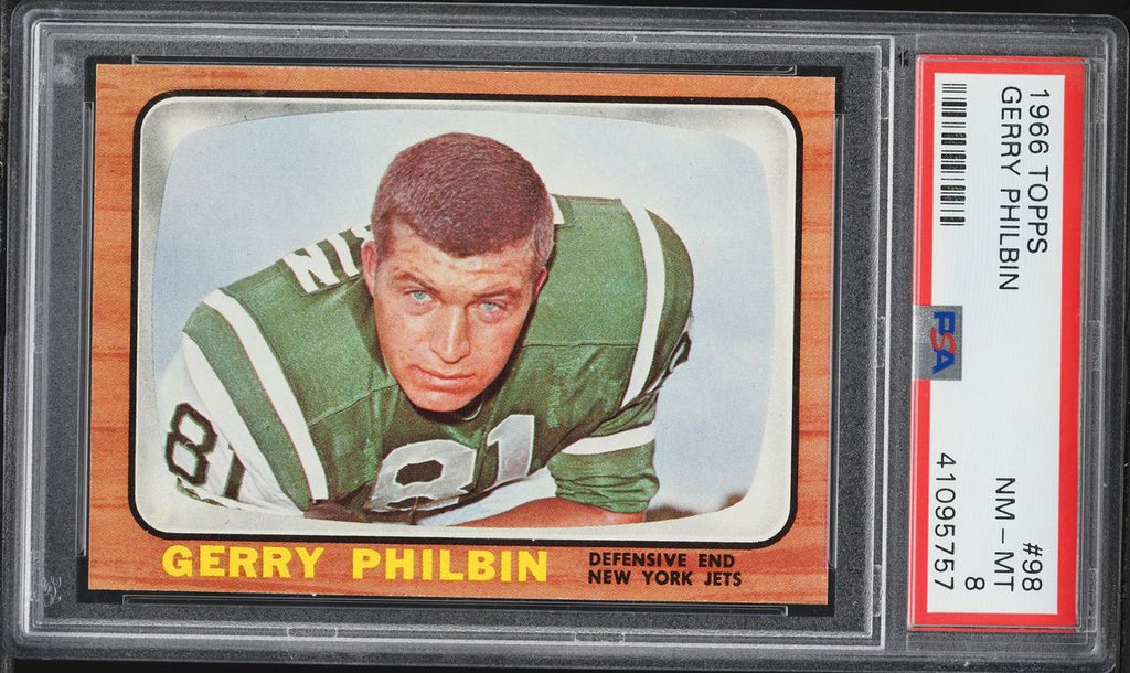 1966 Topps FB Card # 98 Gerry Philbin New York Jets HOF PSA 8 NM-MT (MGD2)