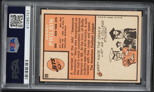 1966 Topps FB Card # 98 Gerry Philbin New York Jets HOF PSA 8 NM-MT (MGD2)
