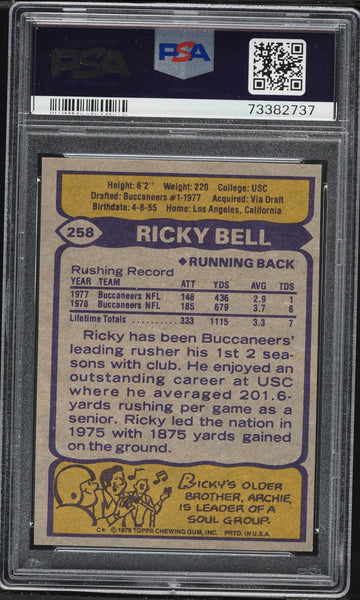 1979 Topps FB Card #258 Ricky Bell Tampa Bay Buccaneers HOF ROOKIE RC PSA 9 MINT (MGD2)