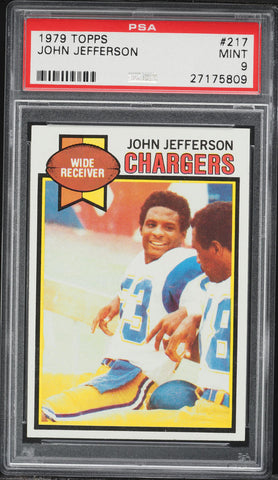 1979 Topps FB Card #217 John Jefferson San Diego Chargers HOF ROOKIE RC PSA 9 (MGD2)
