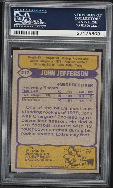 1979 Topps FB Card #217 John Jefferson San Diego Chargers HOF ROOKIE RC PSA 9 (MGD2)