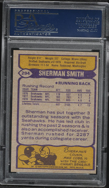 1979 Topps FB Card #294 Sherman Smith Seattle Seahawks PSA 9 MINT (MGD2)