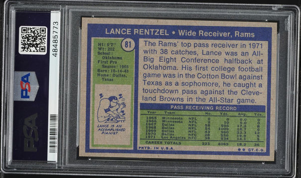 1972 Topps FB Card # 81 Lance Rentzel Los Angeles Rams PSA 8 NM-MT (MGD2)