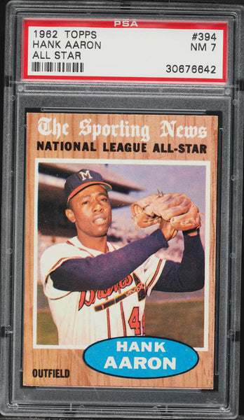 1962 Topps BB Card #394 Hank Aaron Milwaukee Braves HOF ALL-STAR PSA 7 NRMT (MGD2)