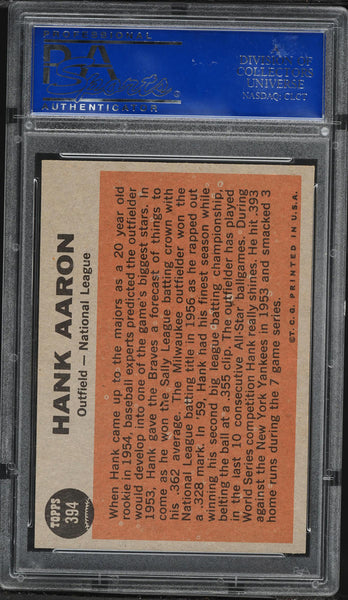 1962 Topps BB Card #394 Hank Aaron Milwaukee Braves HOF ALL-STAR PSA 7 NRMT (MGD2)