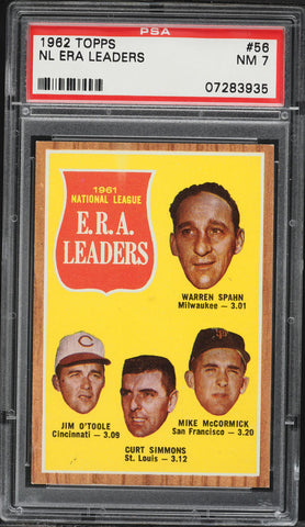 1962 Topps BB Card # 56 NL Era Leaders Warren Spahn Jim O'Toole McCormick PSA 7 (MGD2)