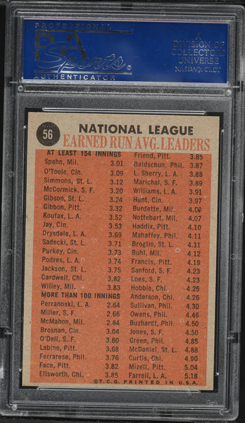 1962 Topps BB Card # 56 NL Era Leaders Warren Spahn Jim O'Toole McCormick PSA 7 (MGD2)