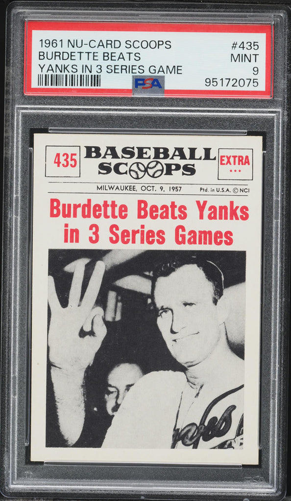 1961 Nu-Card Scoops BB Card #435 Lew Burdette Milwaukee Braves HOF PSA 9 MINT (MGD2)