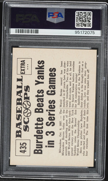 1961 Nu-Card Scoops BB Card #435 Lew Burdette Milwaukee Braves HOF PSA 9 MINT (MGD2)