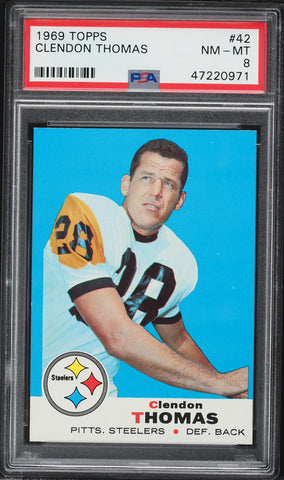 1969 Topps FB Card # 42 Clendon Thomas Pittsburgh Steelers HOF PSA 8 NM-MT (MGD2)