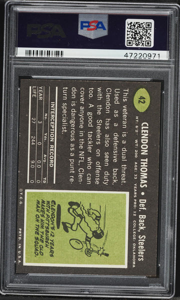 1969 Topps FB Card # 42 Clendon Thomas Pittsburgh Steelers HOF PSA 8 NM-MT (MGD2)