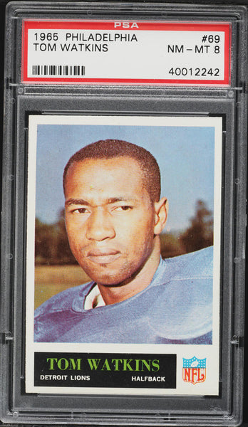 1965 Philadelphia FB Card # 69 Tom Watkins Detroit Lions ROOKIE RC PSA 8 NM-MT (MGD2)