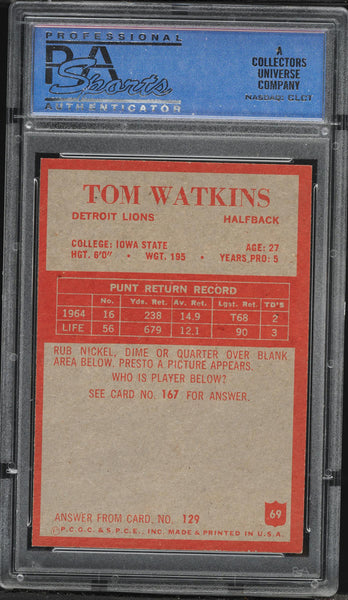 1965 Philadelphia FB Card # 69 Tom Watkins Detroit Lions ROOKIE RC PSA 8 NM-MT (MGD2)