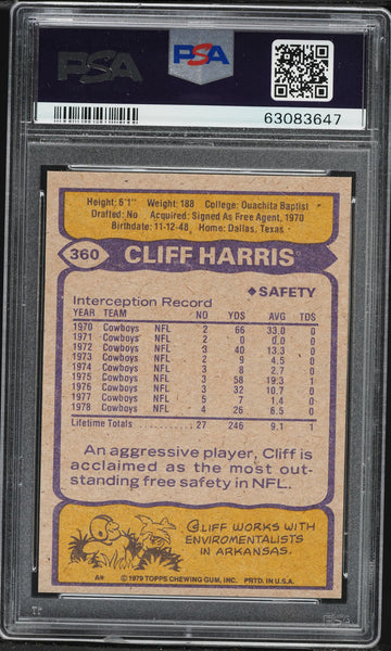 1979 Topps FB Card #360 Cliff Harris Dallas Cowboys HOF ALL-PRO PSA 9 MINT (MGD2)