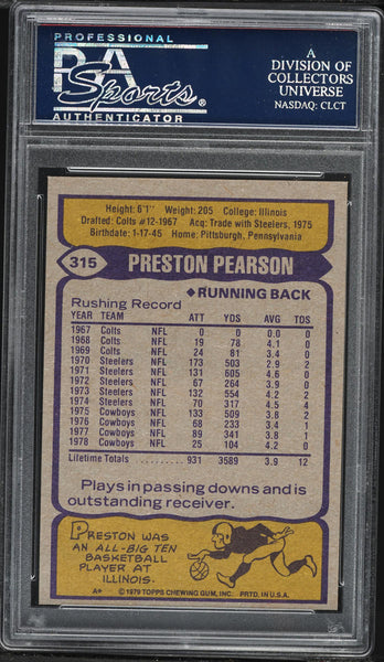 1979 Topps FB Card #315 Preston Pearson Dallas Cowboys PSA 9 MINT (MGD2)