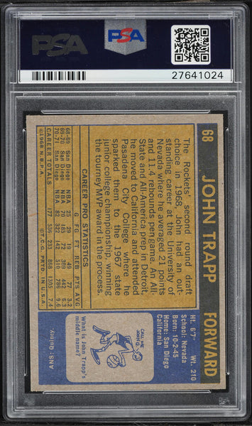 1971 Topps BkB Card # 68 John Trapp Houston Rockets PSA 8 NM-MT (MGD2)