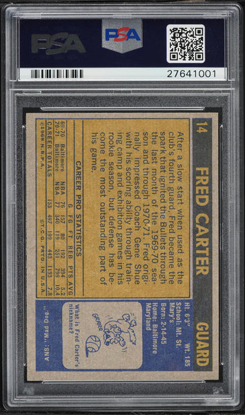 1971 Topps BkB Card # 14 Fred Carter Baltimore Bullets PSA 8 NM-MT (MGD2)