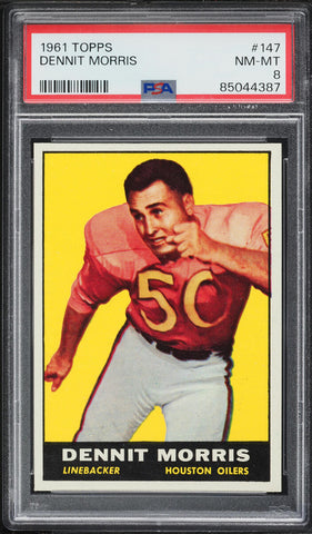 1961 Topps FB Card #147 Dennit Morris Houston Oilers ROOKIE RC PSA 8 NM-MT (MGD2)