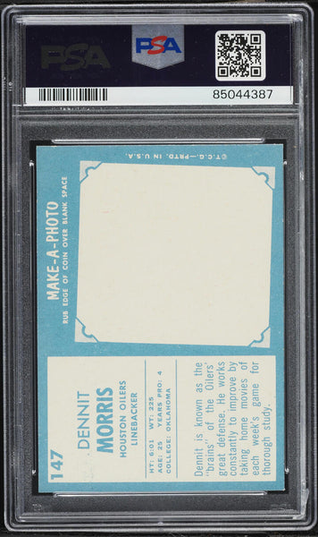 1961 Topps FB Card #147 Dennit Morris Houston Oilers ROOKIE RC PSA 8 NM-MT (MGD2)