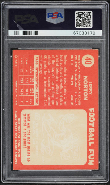 1958 Topps FB Card # 40 Jerry Norton Philadelphia Eagles PSA 7 NRMT (MGD2)