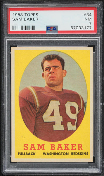 1958 Topps FB Card # 34 Sam Baker Washington Redskins PSA 7 NRMT (MGD2)