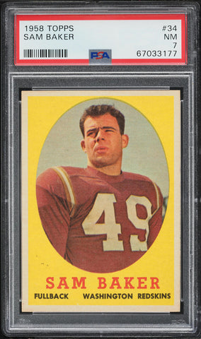 1958 Topps FB Card # 34 Sam Baker Washington Redskins PSA 7 NRMT (MGD2)
