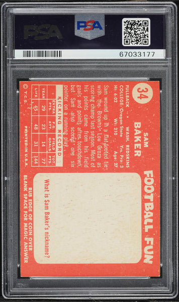 1958 Topps FB Card # 34 Sam Baker Washington Redskins PSA 7 NRMT (MGD2)