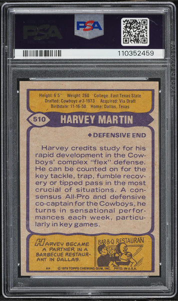 1979 Topps FB Card #510 Harvey Martin Dallas Cowboys PSA 8 NM-MT (MGD2)