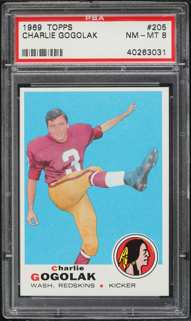 1969 Topps FB Card #205 Charlie Gogolak Washington Redskins PSA 8 NM-MT (MGD2)