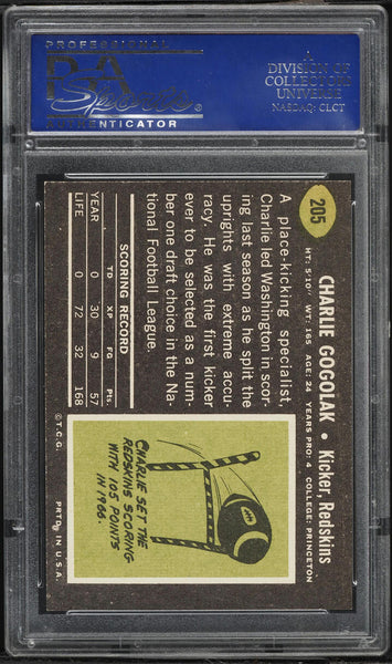 1969 Topps FB Card #205 Charlie Gogolak Washington Redskins PSA 8 NM-MT (MGD2)