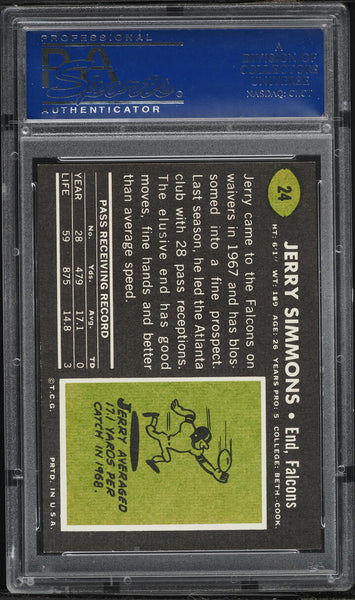 1969 Topps FB Card # 24 Jerry Simmons Atlanta Falcons PSA 8 NM-MT (MGD2)