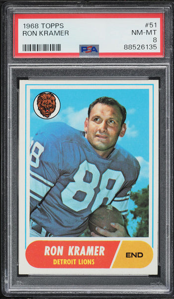 1968 Topps FB Card # 51 Ron Kramer Detroit Lions HOF PSA 8 NM-MT (MGD2)