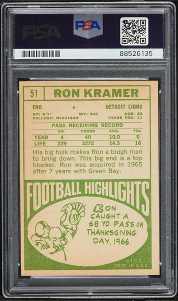1968 Topps FB Card # 51 Ron Kramer Detroit Lions HOF PSA 8 NM-MT (MGD2)