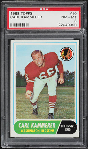 1968 Topps FB Card # 10 Carl Kammerer Washington Redskins ROOKIE RC PSA 8 NM-MT (MGD2)