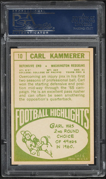 1968 Topps FB Card # 10 Carl Kammerer Washington Redskins ROOKIE RC PSA 8 NM-MT (MGD2)